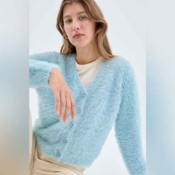 Compania Fantastica Sweaters - Compania Fantastica light blue eyelash fringe textured long sleeve cardigan NEW